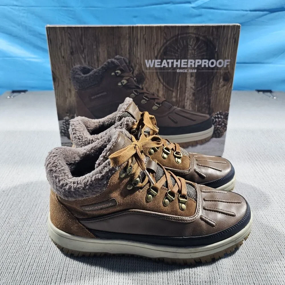 Weatherproof Men's Brown Faux Fur Lined Lace-Up Ankle Snow Boots 8M